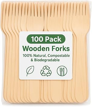 1Above 100Pk Disposable Wooden Cutlery Set, 100% Natural and Biodegradable, Eco-Friendly Cutlery Set for Wedding, Office and Party Picnic Fork