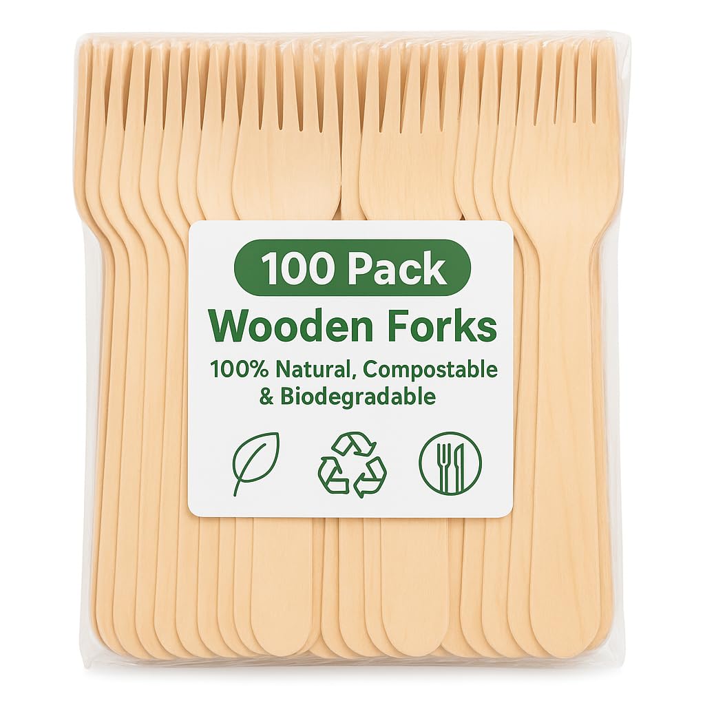 1Above 100Pk Disposable Wooden Cutlery Set, 100% Natural and Biodegradable, Eco-Friendly Cutlery Set for Wedding, Office and Party Picnic (Fork)