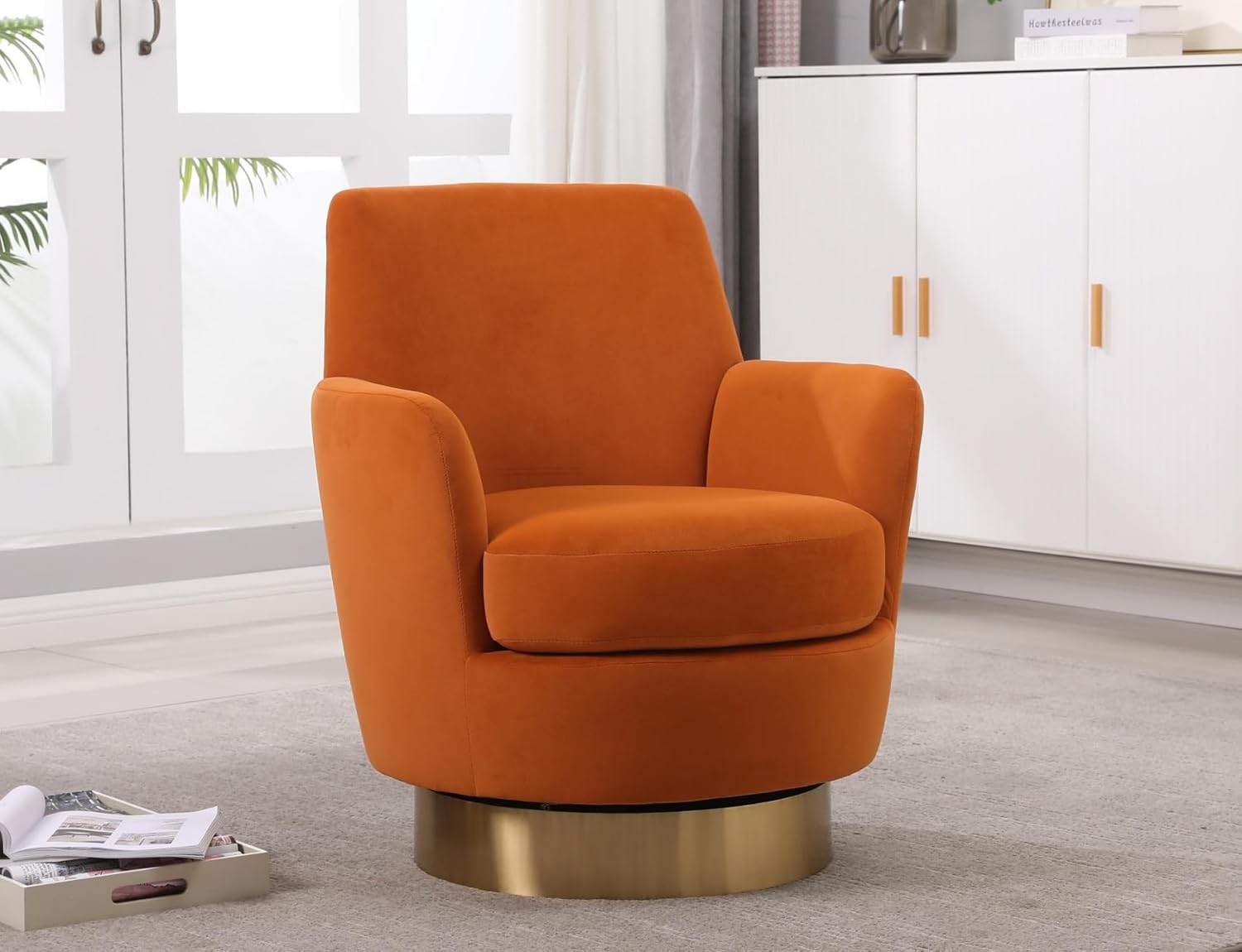 KEIKI Velvet 360° Swivel Barrel Chair with Stainless Steel Base, Accent Round Single-seat Upholstered Reading Sofa Armchair for Nursery, Reading, Living Room, Bedroom, Lounge, Hotel, Orange Velvet