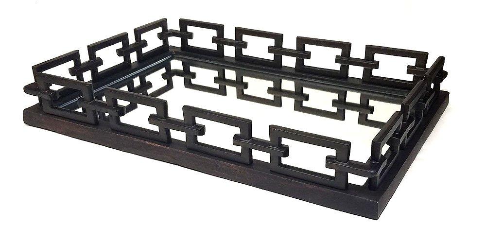 TMMC24 24" X 16" Greek Rectangle Ottoman Serving Tray with Mirror, Made with Cast Aluminum in Oil Rubbed Bronze Finish, 24 X 16 X 3.75