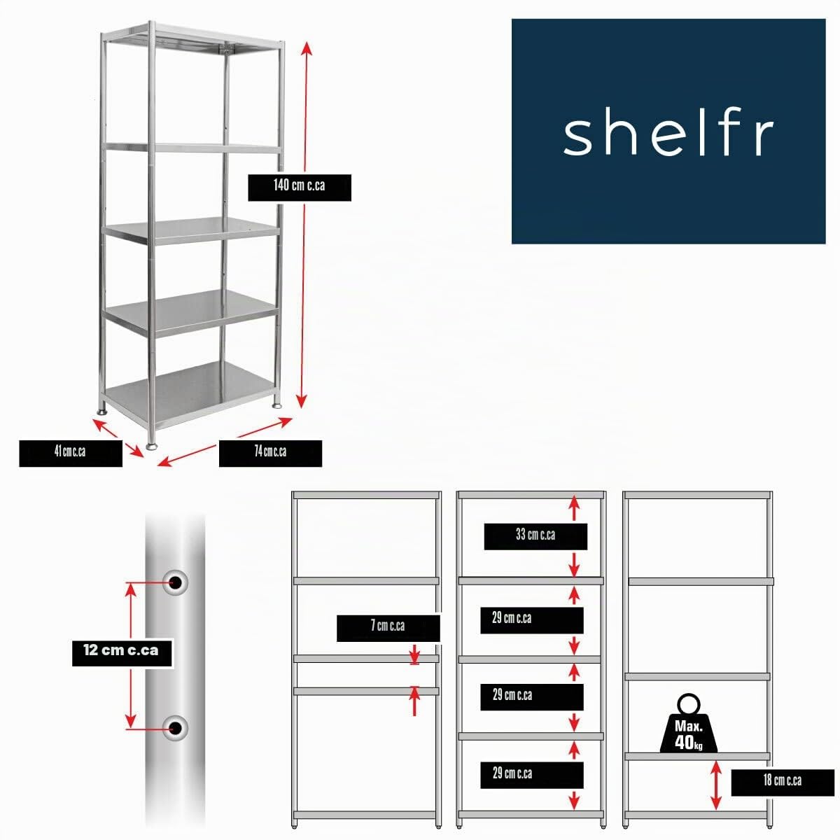 shelfr 5 Ripiani Scaffale in Acciaio Inox - 200kg Scaffale Metallo 74x41x140 Scaffale Ripostiglio da Interno Scaffalatura Cucina Scaffale da Esterno - Scaffalatura Metallica Componibile Portaoggetti