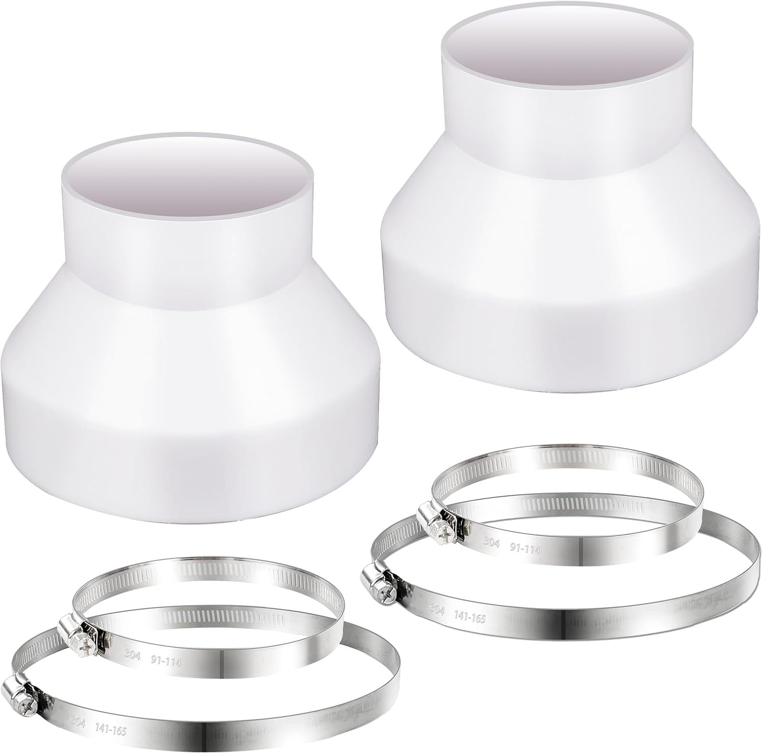 2 Set 6 to 4 inch Duct Reducer Adapter, Air Duct Reducer Increaser with 304 Stainless Steel Hose Clamps, HAVC Pipe Connector for Inline Ventilation Fitting System (6 to 4 Inch), White