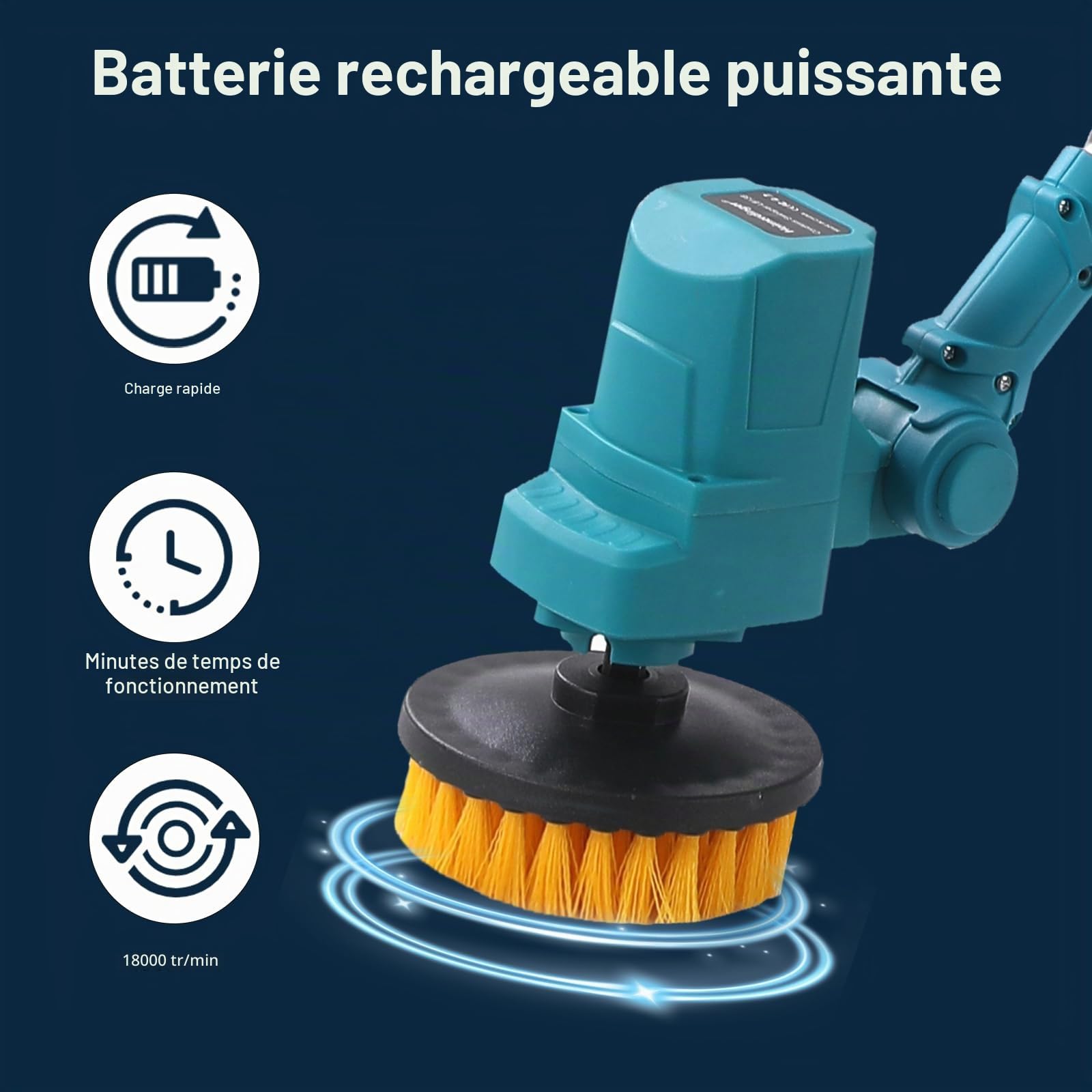 Brosse à récurer électrique extra longue, pliable, compatible avec batterie Makita 18 V (outil uniquement), brosse de nettoyage sans fil rechargeable sans fil, 1800 tr/min pour baignoire/carrelage/sol