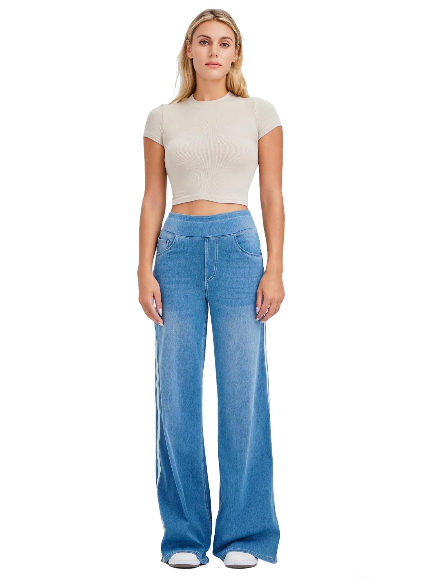 LaiEr Jean à Jambe Large pour Femme Design Unique à Blocs de Couleurs, Taille Haute avec Contention Abdominale, Coupe Droite et Ample.Denim en Pantalons à Haute élasticité