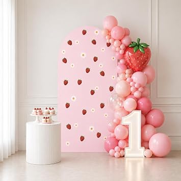 Strawberry Berry Shower First Baby Arch Backdrop Cover Pastel Pink Plaids Chiara Arched Stand Stretchy Cover for Birthday Party Decoratons 3x5ft,3277GX