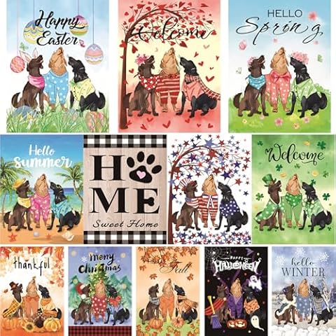 Dogs Theme 12PCS seasonal garden flags Double Sided 12 x 18 Inch Yard Flags, Small Garden Flags for Outside，Christmas Fall Valentine's Halloween Outdoor Flags, Holiday Garden Flags for All Seasons Cover