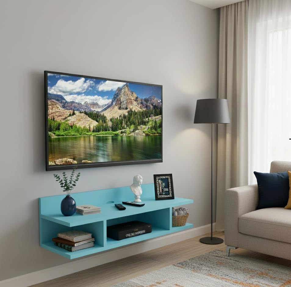 Image of Engineered Wood Set Top Box Stand | Wall Mounted TV Unit Shelf for Router, WiFi, DVD, Gaming Console | Sturdy & Space Saving TV Accessory Organizer (Brown, 50 x 20 x 15 cm) (Sky Blue)