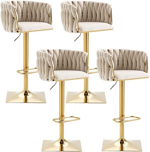 Miniatura 11 de Juego de 2 taburetes de bar giratorios de terciopelo, taburetes de bar ajustables y cómodos, silla de comedor moderna con respaldo tejido, taburetes