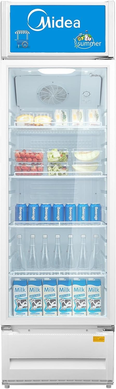 Midea Showcase Chiller Large - 411 Liters Gross Capacity, Upright Beverage Showcase, Energy-saving, low-noise, White Color, 59.5x61.0x200.5 cm, Best for Grocery-Home-Restaurant, HS411S-1 Year Warranty