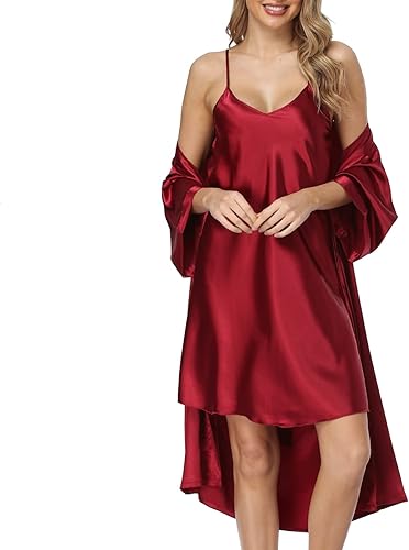 Miniatura 5 de Conjunto de bata de satén para mujer, 2 piezas, camisón de seda, pijama sexy floral de encaje, ropa de dormir, batas de noche