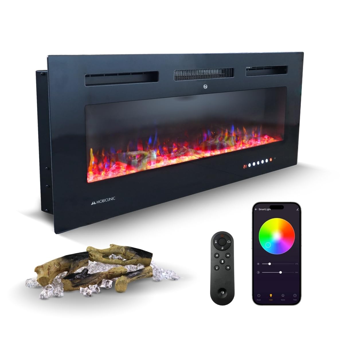 Mobiclinic®, Chimenea Eléctrica de Pared, 106.5x12x43 cm, 900/​1800w, Mando a Distancia y Función App WiFi, Protección Sobrecalentamiento, 15 Colores Variables, Temporizador, Fury, para Espacios 25 m2