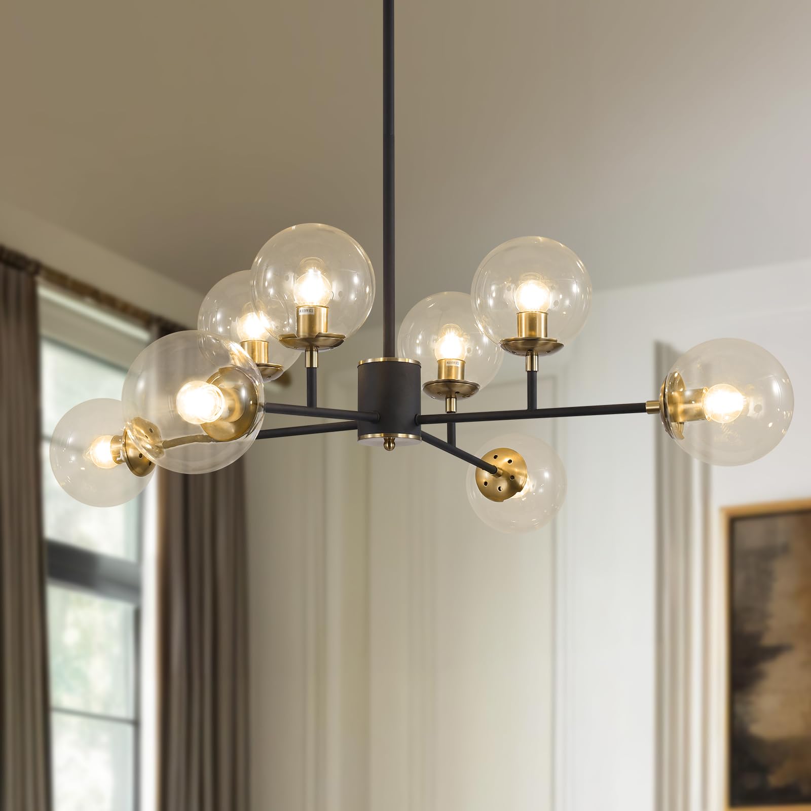 KCO Lampadario Sputnik Nero a 8 Luci per Soggiorno, Lampadario con Sfere di Vetro Ambra per Camera da Letto e Sala da Pranzo, Diametro 90 cm, Altezza Regolabile, Attacco E27