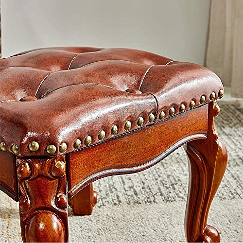 LEILISI Small Footstool Brown Leather Ottoman, Vintage Carved Upholstered Footrest, Rubber Wooden Foot Rest Stool Sofa Stool (Red-Brown)