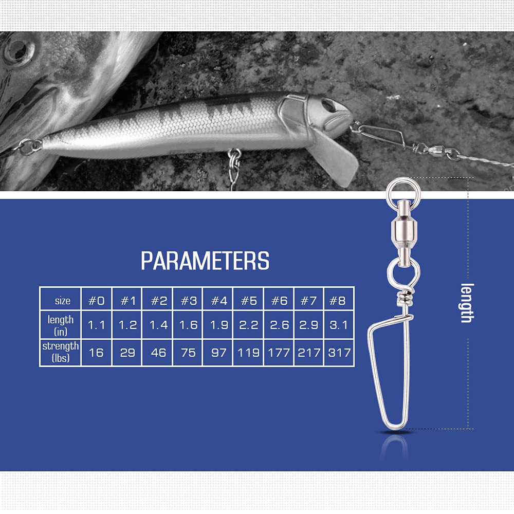 AMYSPORTS Lot de 48 émerillons de pêche en acier inoxydable à roulement à billes pour eau salée Haute résistance 54 kg