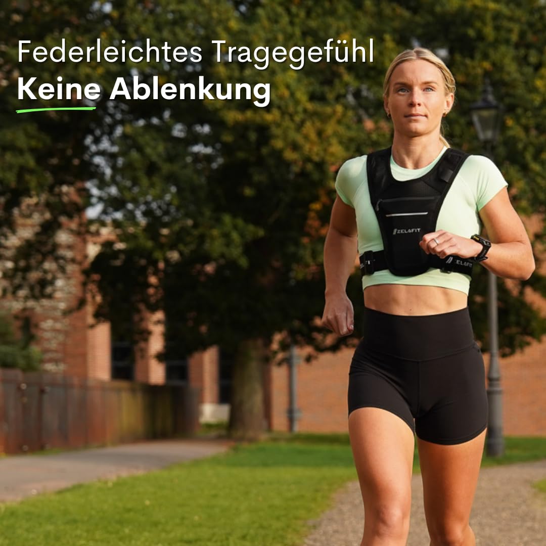 ZelaFit® Laufweste für Damen und Herren, Einheitsgröße, verstellbar, leichte Laufweste mit Reflektoren, wasserdichter Handytasche, Schlüsselhalter, kompakte Alternative zum Laufrucksack (Schwarz)