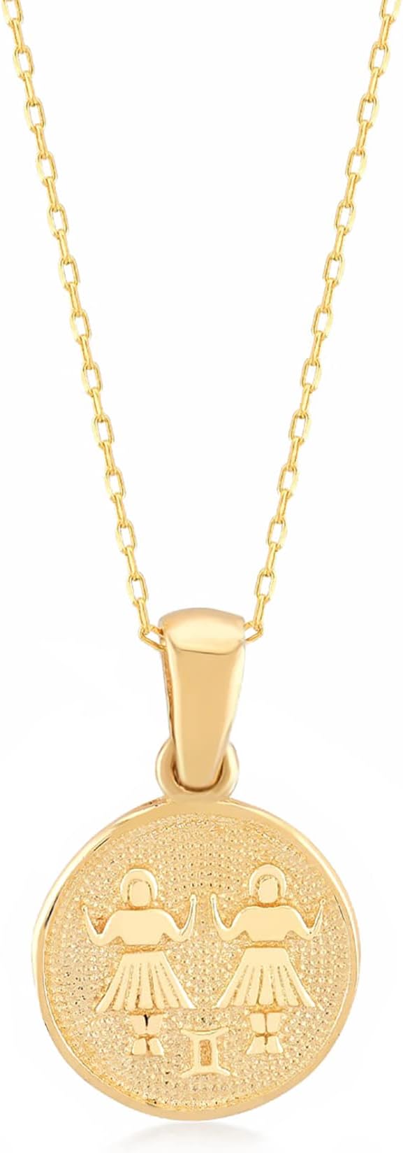 Gelin 14k Yellow Gold Medallion Gemini Horoscope Constellation Astrology Signs Chain with Small Orange Stone Pendant Necklace for Women, 18"