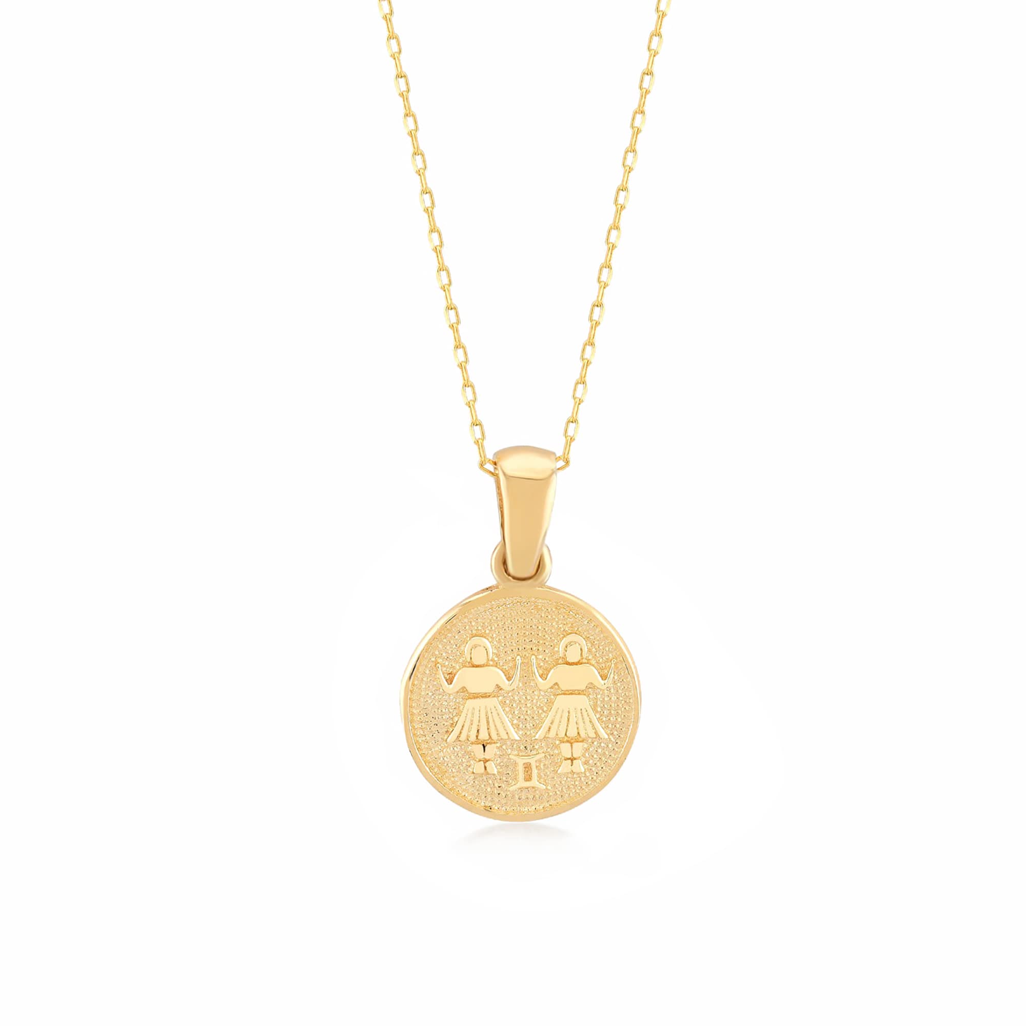 Gelin 14k Yellow Gold Medallion Gemini Horoscope Constellation Astrology Signs Chain with Small Orange Stone Pendant Necklace for Women, 18"