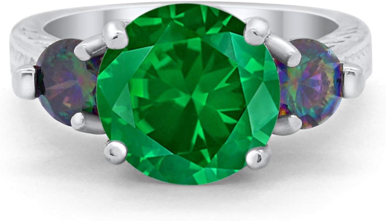 Blue Apple Co. Three Stone Ring Round Rainbow Cubic Zirconia 925 Sterling Silver Choose Color