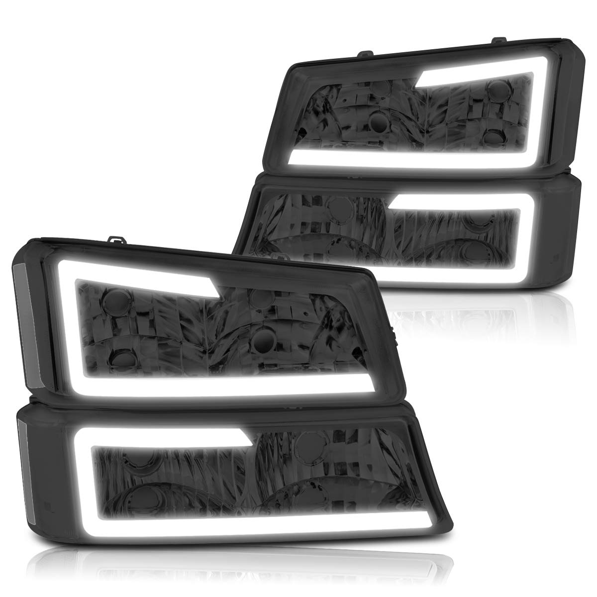PM PERFORMOTOR PMHL-CSIL-0306-LB-SC Smoked Lens 3D LED DRL Headlight Bumper Lamp Set [Compatible with 03-06 Avalanche 1500 2500/ 03-07 Silverado 1500 2500 3500 HD & Classic]