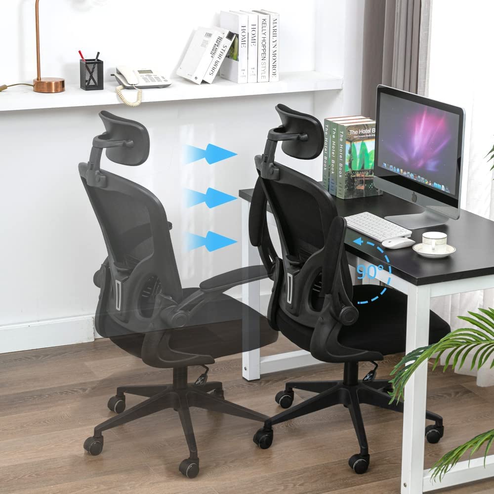 Silla de Oficina ergonómica, Silla de Oficina con reposabrazos Plegables, Silla de Oficina con Soporte Lumbar cómodo, Silla de Oficina rotativa (Negro)