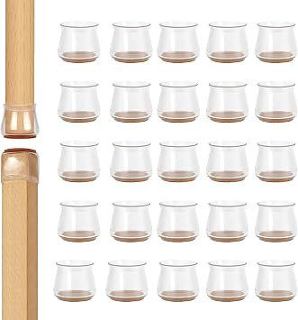 24 Pieces Chair Leg Floor Protectors Silicone Furniture Cups Soft Table feet Cover with Felt Pads, Cap for Round and Square Leg, Without Leaving Marks Scratches Noise, Transparent, L