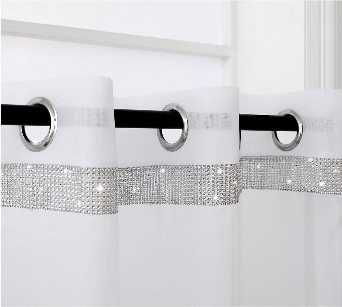 Amania Trading Ltd 1 Single LAS VEGAS Eyelet Ringtop Voile Curtain Panel Glitter Diamante Band WHITE 72" (183cm) Drop…