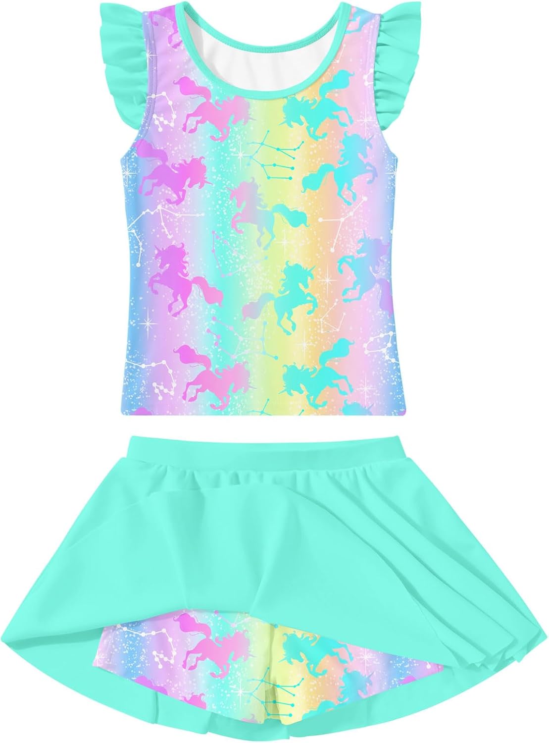 Girls Swimsuit 2 Piece Ruffle Bathing Suit UPF 50+ Tankini Swimsuit Skirt with Lining Size 3-10