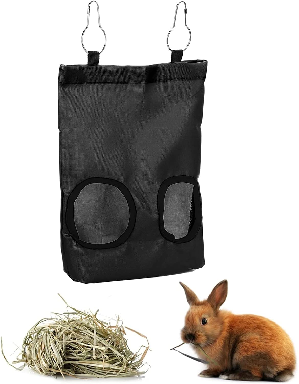Rabbit PATIKIL Bag, 2 Pack Oxford Cloth Guinea Pig Hanging 2 Holes Feeding Hay Holder Storage With 4 Metal Hooks For Small Animals Black Hay Feeder