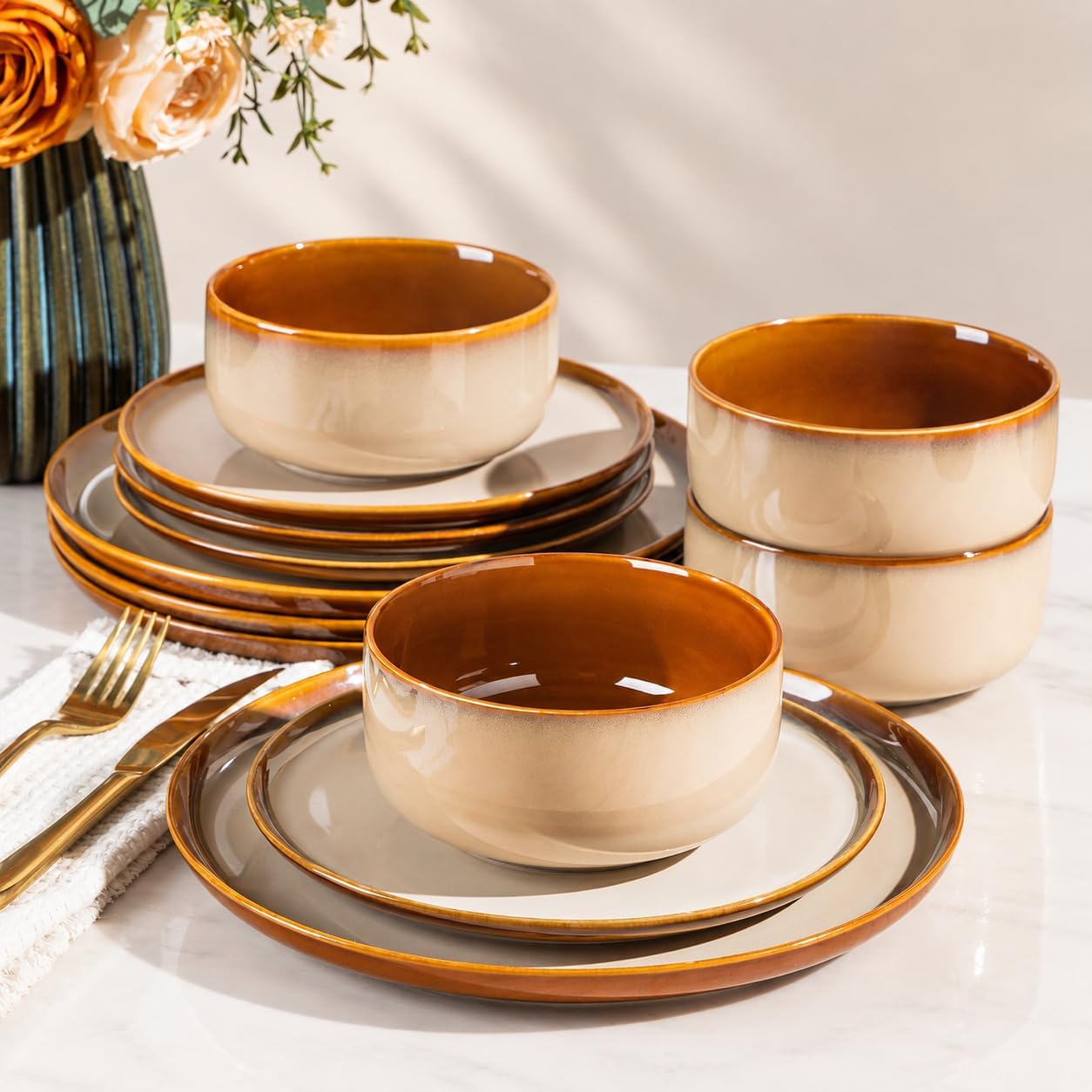 LeRatio Ceramic Dinnerware Sets for 4,12Pcs Porcelain Plates and Bowls Set