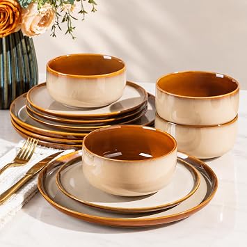 LeRatio Ceramic Dinnerware Sets for 4,12Pcs Porcelain Plates and Bowls Set