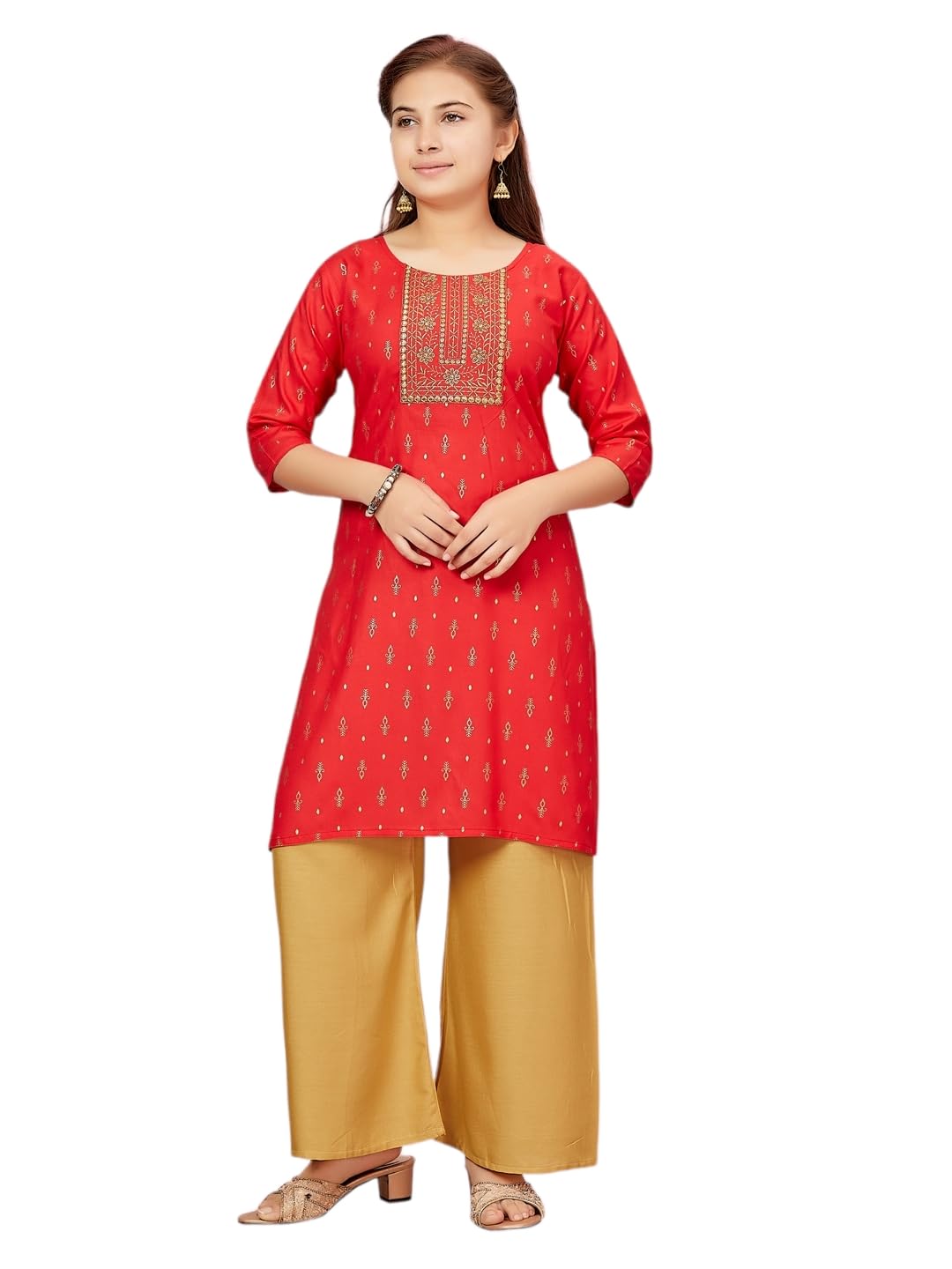 Aarika Girls Gajri-Fawn Colour Cotton Kurti Palazzo Set