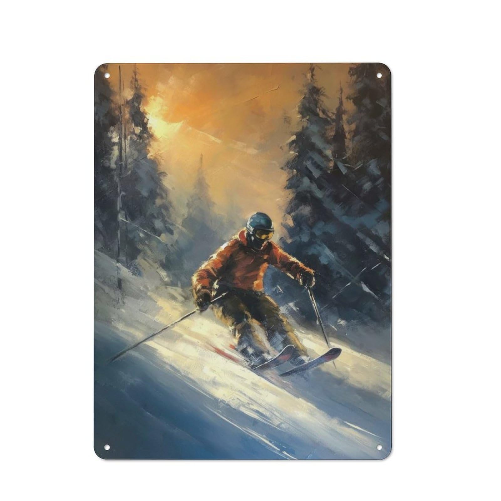 Junmoney Oil Painting Of A Skier Vintage Tin Wall Plaque 40X30cm For Café Or Restaurant, A Decorative Christmas Gift For Café Owners And Decorators