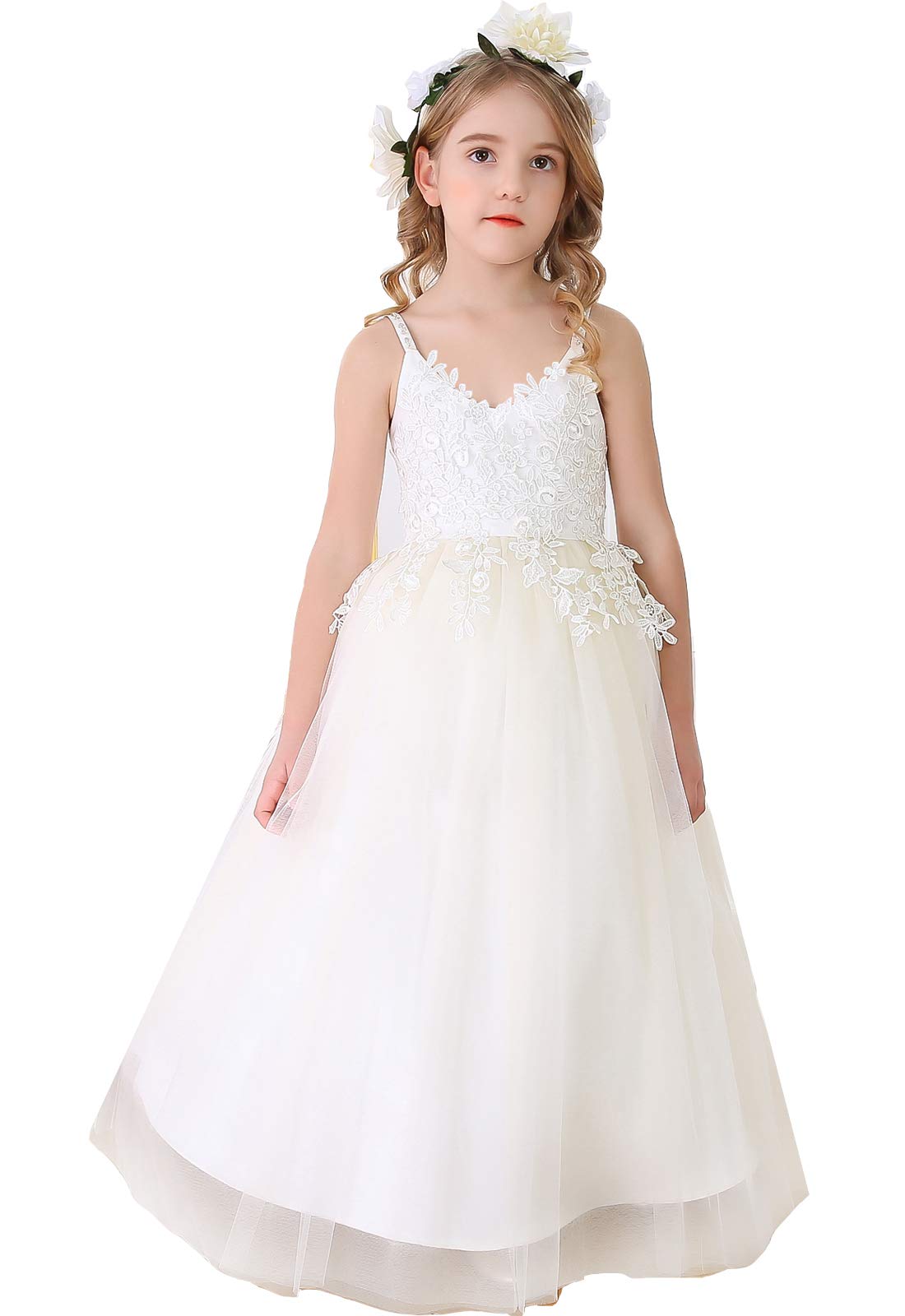 Bow Dream Vintage Ivory Lace Flower Girl Dress Blush Junior Bridesmaid Dress for Wedding