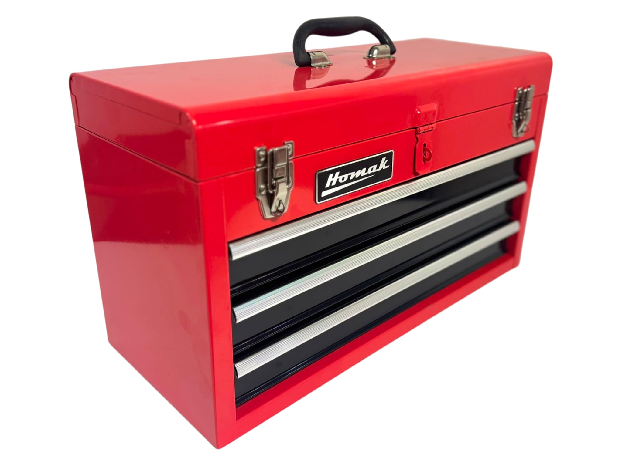 Metal Tool Box, 20-inch, Portable Tool Box with 3 Drawers, Small Tool Chest with EVA Liners, Ball Bearing Slide Drawers Locking & Gloss Finish, Multi-Function Tool Organizer