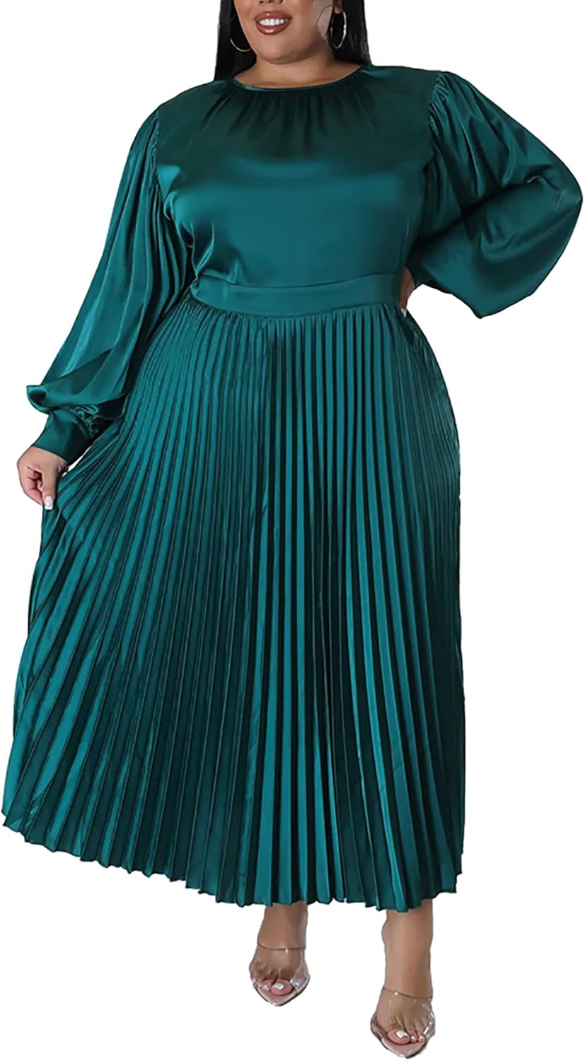 Women's Plus Size Maxi Dresses 2026 Fall Lantern Long Sleeve Flowy Swing Pleated Maxi Dresses - Image 2