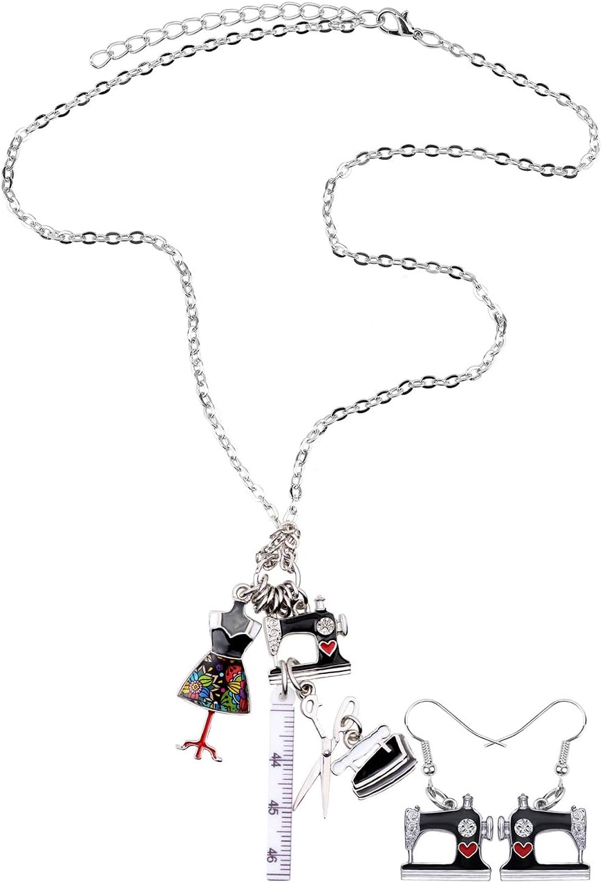 DOWAY Enamel Clothes Model Ruler Sewing Machine Tailor Tools Jewelry Sets, Includes Dangle Earrings & Necklace Pendant Gifts
