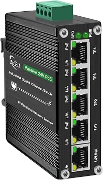 Industrial Passive 24V 5-Port PoE Switch, Mini Unmanaged Gigabit Network Switch, Supports 12-24VDC Input to 24V PoE Output, DIN Rail & Wall Mount