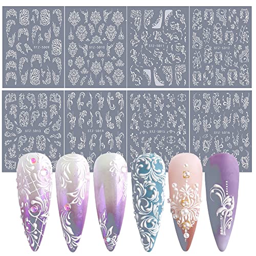 Lace Flower Nail Art Stickers Decals 5D Hollow Exquisite 8 Sheet White Wedding Pattern Nail Art Supplies Self-Adhesive Luxurious Nail Art Decoration Retro Classic DIY Acrylic Nails Design