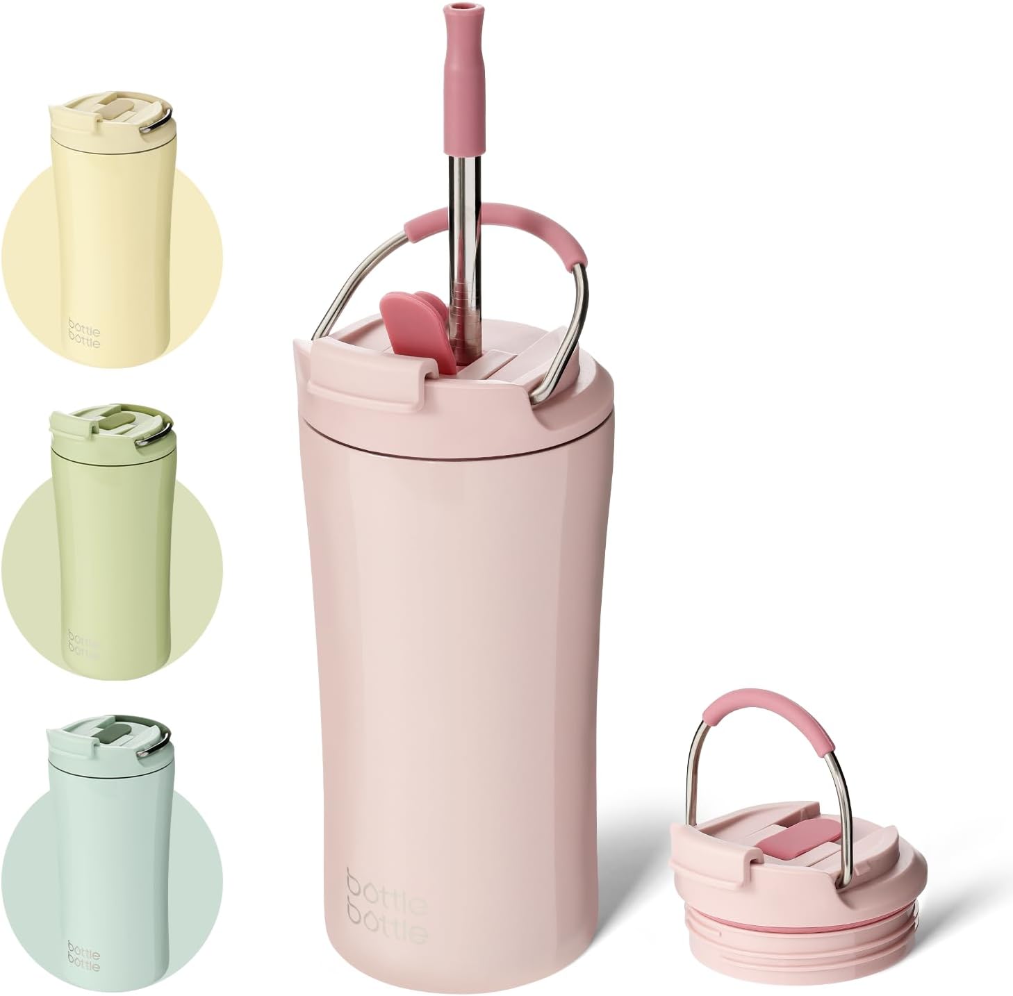 bottlebottleBOTTLE BOTTLE Insulated Coffee Tumblers with Dual-use Lid and Straw Double Walled Iced Travel Coffee Mug for Woman and Man 12oz Stainless Steel Tumbler with Handle（pink）