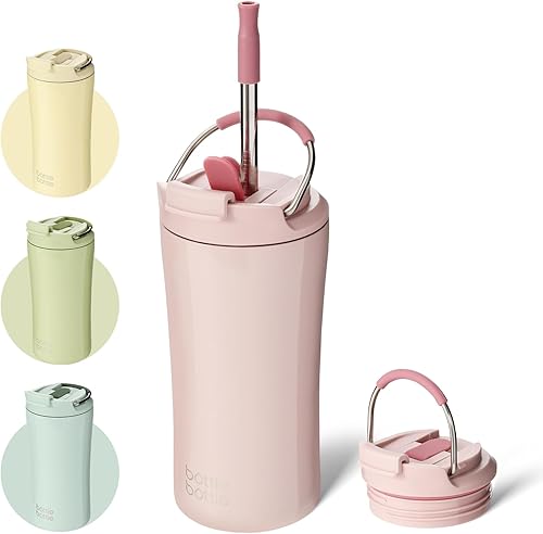 BOTTLE BOTTLE Vasos de café aislados con tapa de doble uso y pajita, taza de café de viaje de doble pared para mujer y hombre, vaso de acero