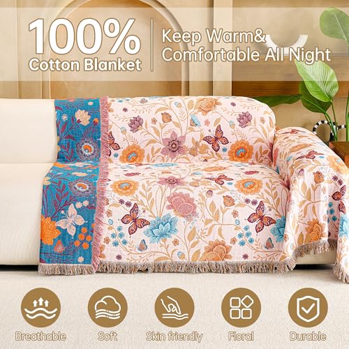 Image of VANJOROY Boho Throw Blanket, 100% Organic Cotton Breathable Ultra Soft 80 inch x 90 inch Bed Quilt Throw - All Season Floral Rustic Farmhouse Decor Luxury Reversible Blanket for Sofa Couch Chair and Gift