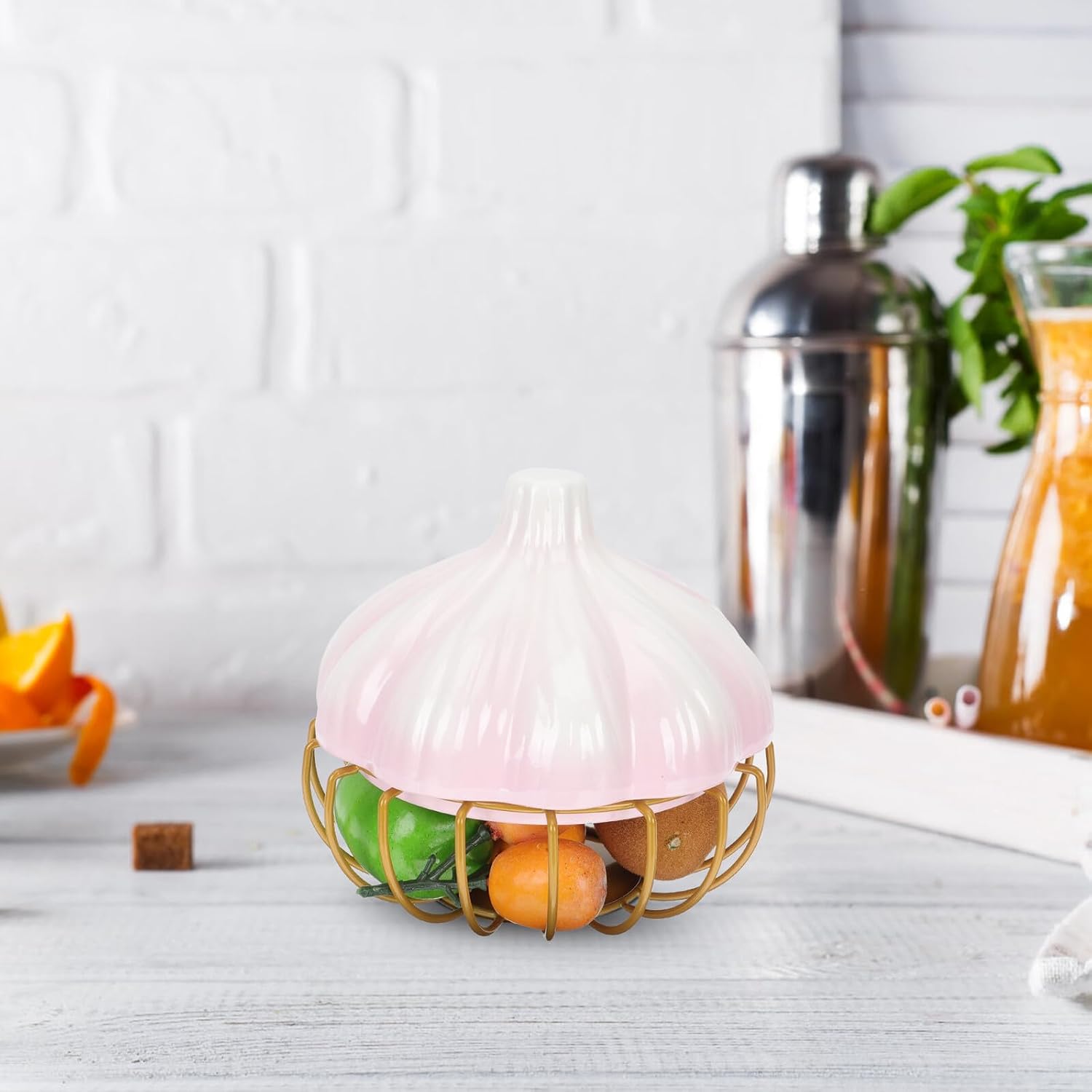 Garlic Storage Basket and Egg Holder Small Size Ceramic Pink and Gold Stripes, Kitchen Garlic Container Multi-function Fruit Bowl for Household Food Storage