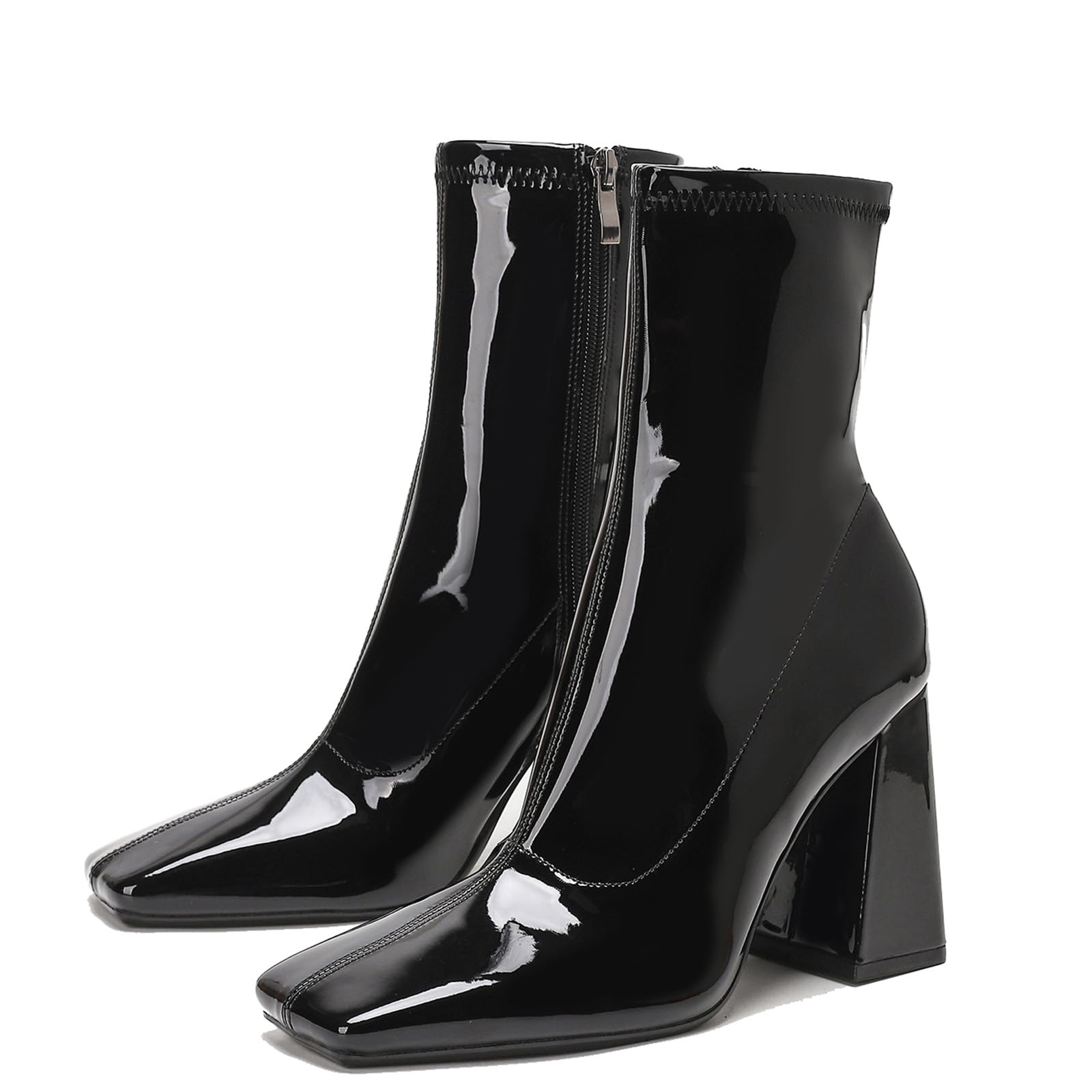Womens Patent Leather Stretch Square Toe Chunky Heel Ankle Boots with Side Zip Fashion Comfort Pull On Dressy