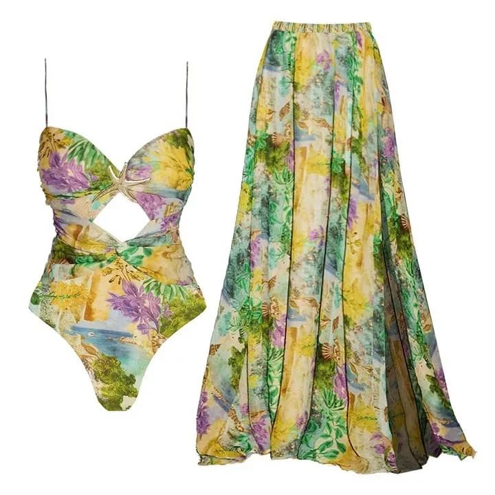 Image of AARAM Stylish Premium Women's One Piece Swimsuit with Cover Ups Wrap Skirt Sarong Floral Print Monokini Tummy Control Swimwear, Printed Costume Women Beach Wear