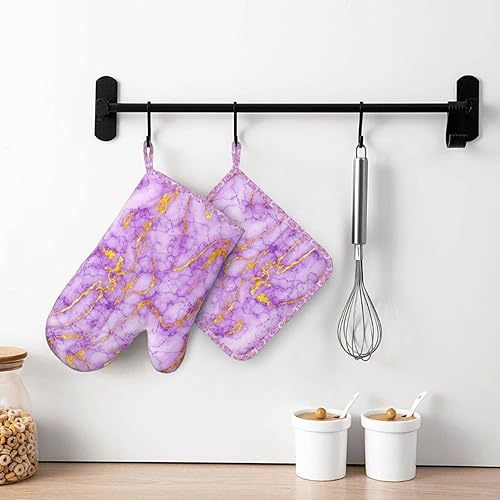 Miniatura 6 de Juego de guantes de horno y soportes para ollas de mármol dorado morado, guantes de horno de silicona antideslizantes resistentes al calor, guantes