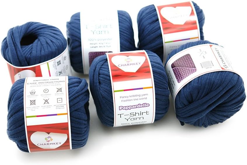 Charmkey Pappardelle T Shirt Yarn Soft 100% Polyester Fabric 7 Jumbo Fashion Knitting Cloth Tape for Crocheting Bags Bowls DIY Handicraft, Pack of 6 Skeins, 1.41 Ounce×6 (Dark Denim)