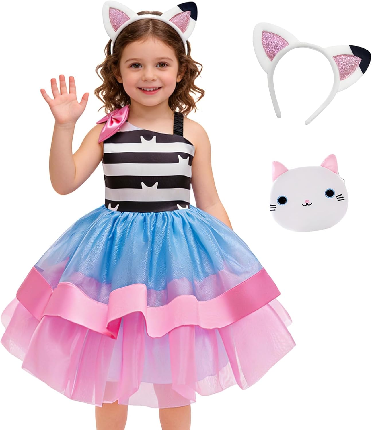 Cat Rainbow Costume for Girls Kids Princess Birthday Tutu Outfit with Headband Bag Easter Dress up