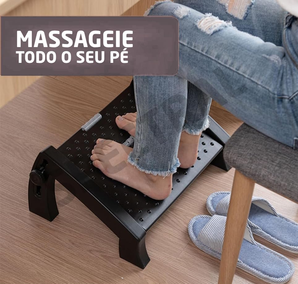 Apoio para Pés Ergonômico Ajustável 6 Alturas com Rolos de Massagem – Banquinho para Debaixo da Mesa, Escritório, Casa ou Banheiro – Antiderrapante e Resistente – Preto