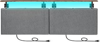 Headboard, Wall Mount Hanging Headboard with 4 USB Ports and LED Light, PU Upholstery, Open Storage Shelf, for Bedroom, Bar, Dining or Entryway, King Size, Rustic Brown and Gray BFG18UDBH01