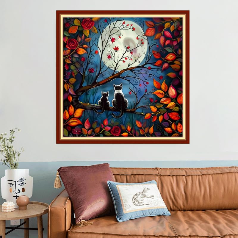 Image of Joyhoor Stamped Cross Stitch Kits for Beginners, Needlepoint Kits for Adults, 11CT Counted Embroidery Kits-Cats Admiring the Moon 18x18 inchs